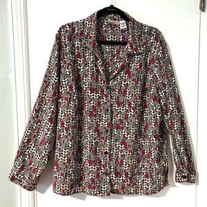 Alfred Dunner 16W black red beige pattern button front blouse long sleeve